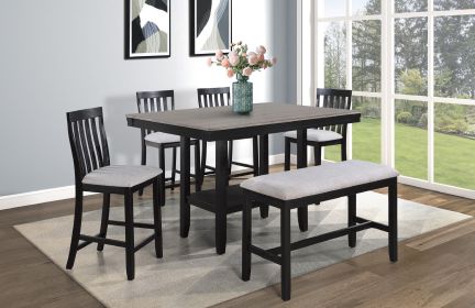 6-Piece Farmhouse Counter Height Dining Set Rectangular Table Light Gray Black Finish Upholstered Chairs Bench Wooden Solid Wood Dining Room Kitchen F